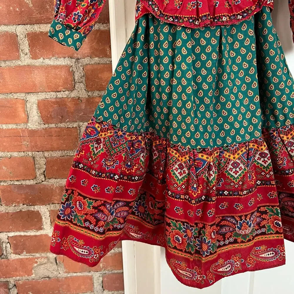 Vintage 70s Girls Prairie Dress Patchwork Floral‎ Cottagecore Folk Red Green 3T